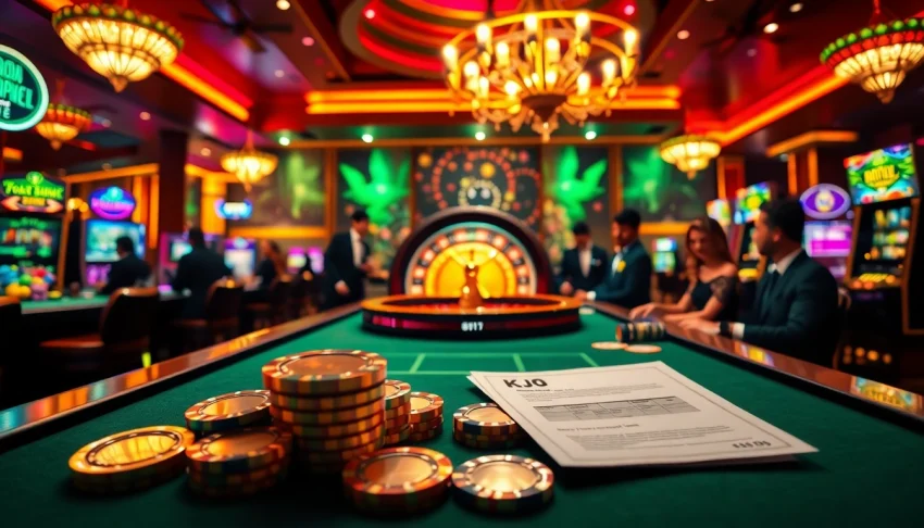 Experience high stakes at KJC casino tables with vibrant poker chips, enticing roulette wheels, and lively players.
