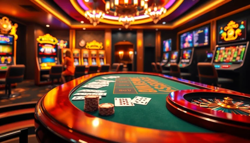 Experience the excitement of rikvip nhà cái with vibrant casino elements like poker tables, slots, and roulette.