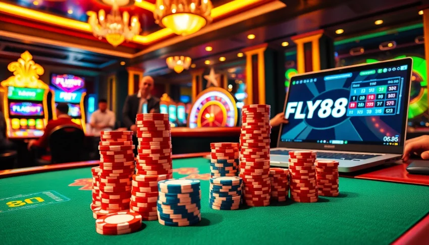 FLY88 players strategizing at a luxurious casino table, surrounded by vibrant gaming elements.