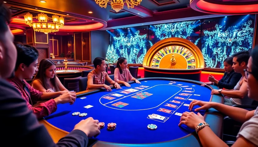 KJC-themed casino table scene with players enjoying blackjack and roulette.