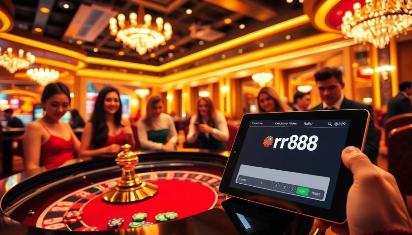 Players enjoying thrilling games at a luxurious casino, featuring the rr88 link on a tablet screen.