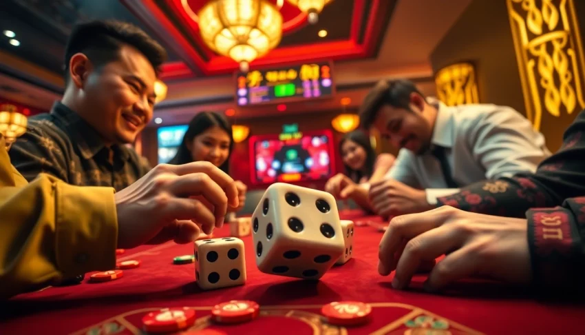 Tài Xỉu players engaged in a thrilling game at a vibrant casino table, showcasing excitement and anticipation.