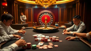 Exciting gambling scene showcasing 123win vn poker players at a luxury casino table.