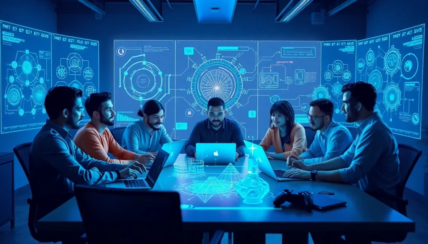 Game AI development team collaborating on innovative algorithms in a modern studio.