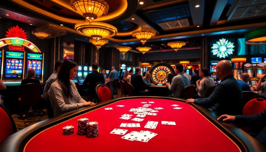 Exciting casino atmosphere showcasing poker and slot games at xx88.