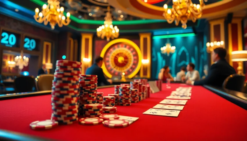 High-stakes poker scene at ww88 casino with chips, cards, and roulette wheel