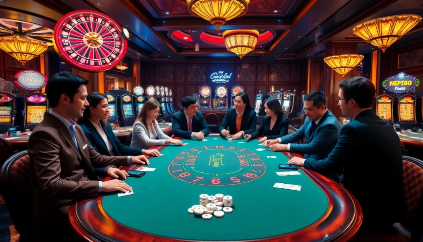 Contact options at the casino for Liên hệ sky88 players amidst a vibrant gaming atmosphere.