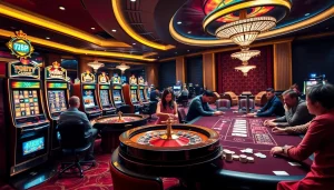 Action-packed casino atmosphere featuring slot machines and poker tables, highlighting 789P excitement.