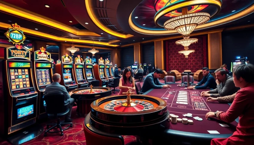 Action-packed casino atmosphere featuring slot machines and poker tables, highlighting 789P excitement.