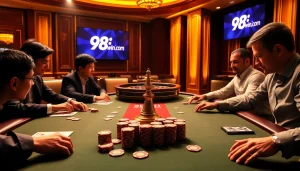 Experience thrilling moments at 98win com with players strategizing at an elegant poker table.