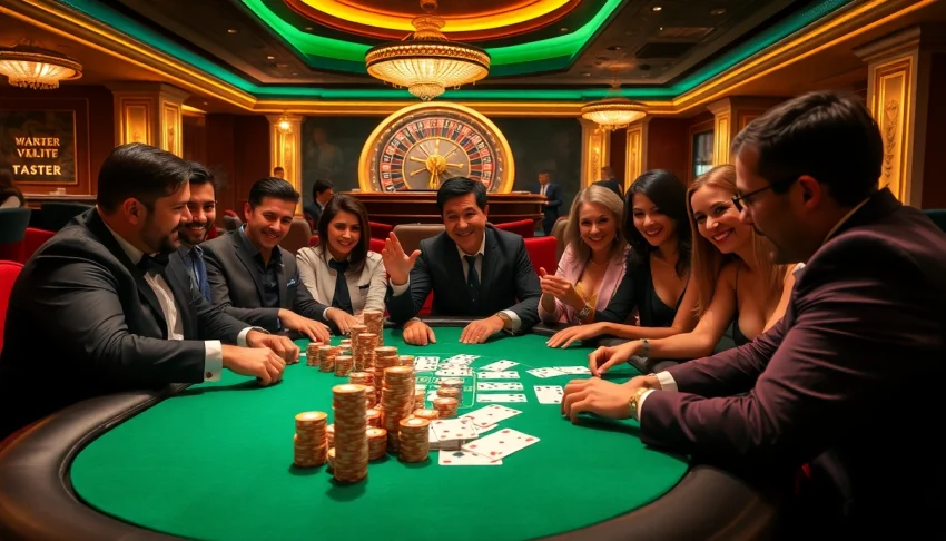 Players engaging in a high-stakes poker game at a luxury casino featuring 88i chips and vibrant atmosphere.