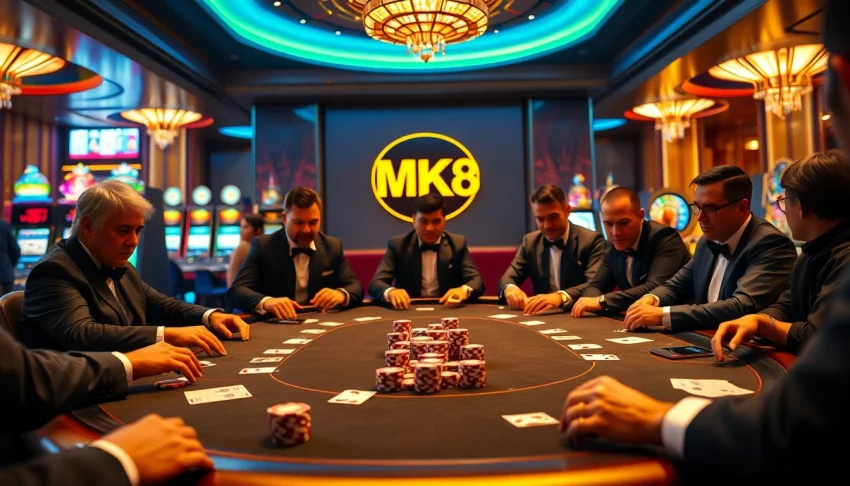Players engaging in a high-stakes poker game with MK8 branding visible, showcasing casino excitement.