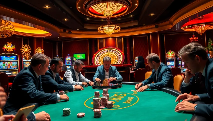 KJC poker players strategizing at a luxurious casino table with colorful chips.