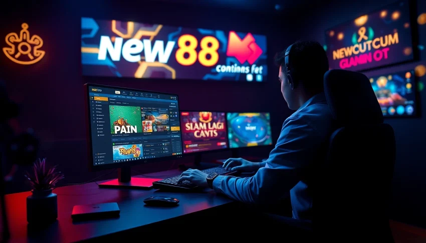 Engaging online betting experience at new88go.com with modern gaming setup and vibrant graphics.