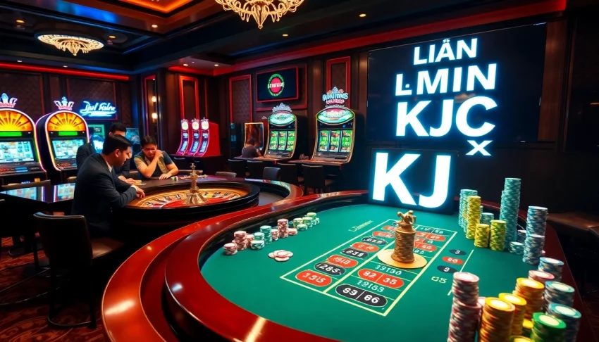 Excited players at a luxurious casino table, showcasing the LIÊN MINH KJC experience.