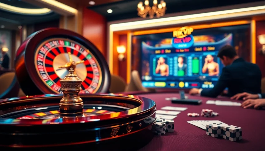 Experience the thrill of rik vip gaming at a luxurious poker table with vibrant roulette.