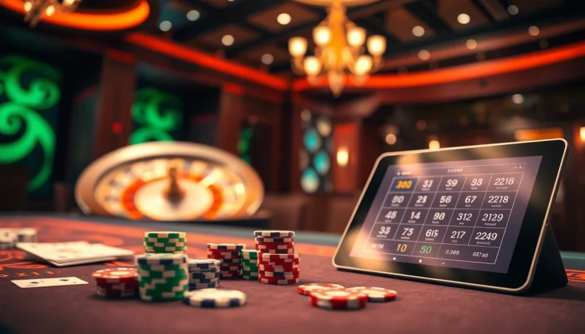Casino table with poker chips and cards in a luxurious setting representing 69vn.gb.net