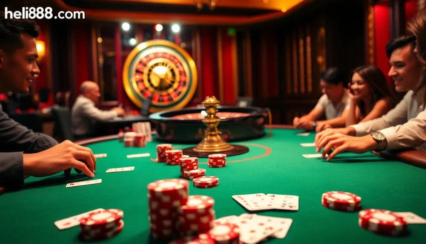 Experience thrilling gameplay at hello88.com with a vibrant casino scene filled with poker and roulette excitement.