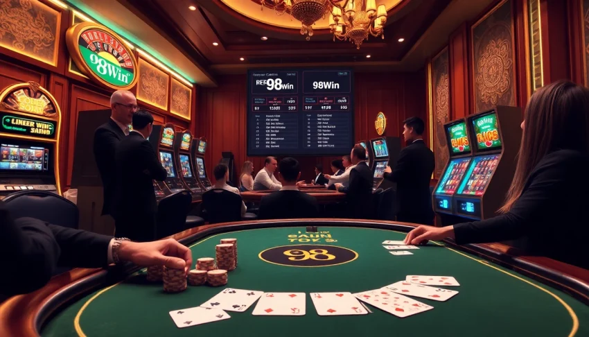 Experience the excitement of 98Win with a vibrant casino scene showcasing poker, chips, and a roulette wheel.