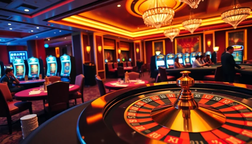 KJC casino scene with poker tables, roulette wheel, and vibrant slot machines, capturing excitement.