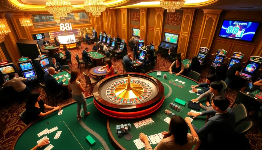 Excited gamblers placing bets at the vibrant 88i casino tables featuring roulette and poker.