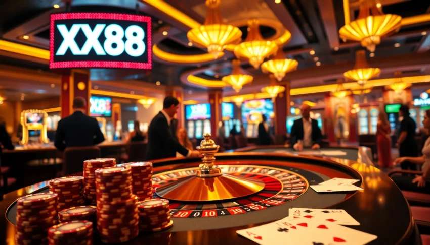 Players strategizing bets at the XX88 roulette table in an upscale casino.