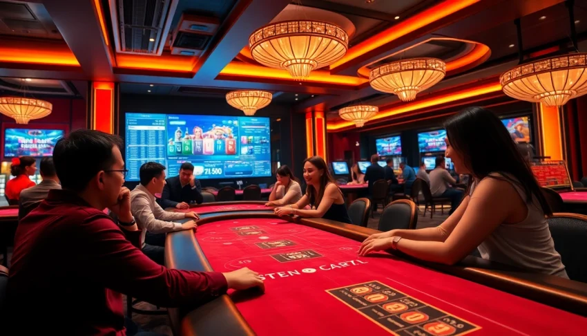 Experience the excitement of online gaming at okvipwin.live with players engaged at vibrant casino tables.