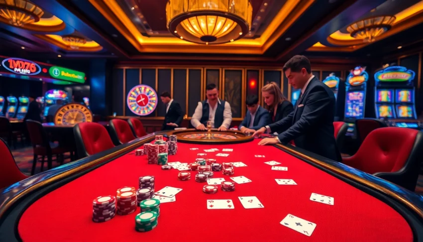 Action-packed scene featuring nhà cái gg88 roulette, poker table, and vibrant slot machines.