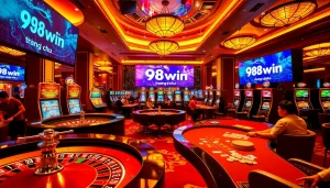 Experience the excitement of 98win trang chu with players at vibrant casino tables and games.