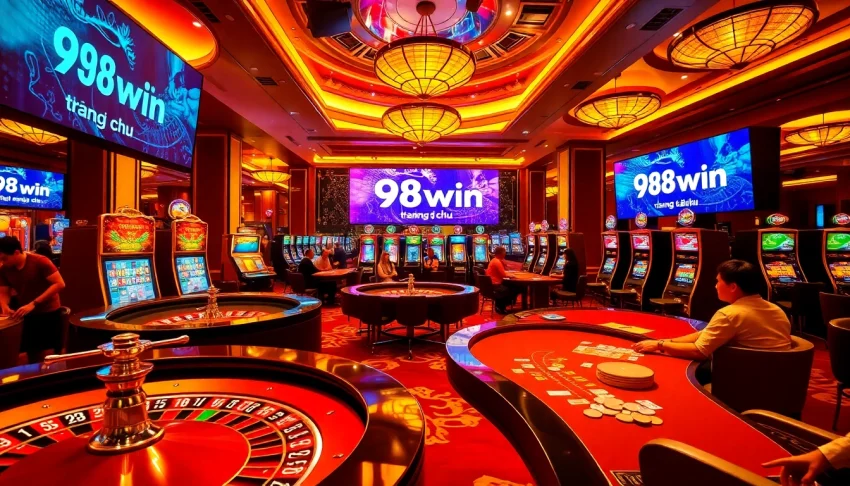 Experience the excitement of 98win trang chu with players at vibrant casino tables and games.