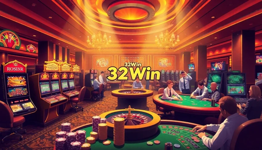 A lively casino scene showcasing 32Win with poker tables, slot machines, and vibrant celebrations.