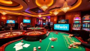 Experience the thrill of link 98win with players enjoying poker and roulette in a vibrant casino.