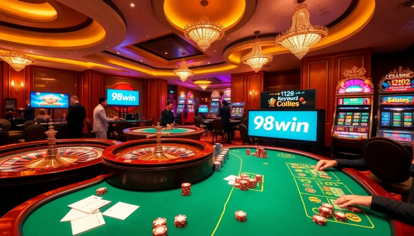 Experience the thrill of link 98win with players enjoying poker and roulette in a vibrant casino.