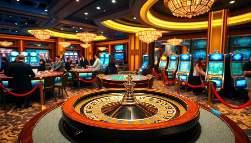 Players enjoying a thrilling game at the GO88 casino, featuring a roulette table and vibrant slot machines.