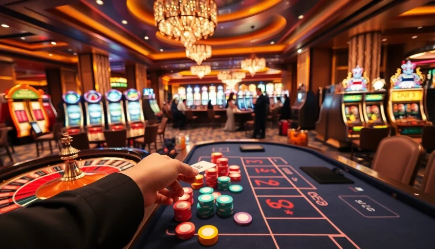 Play exciting games at say88 nhà cái with a vibrant casino scene featuring dealers and slot machines.