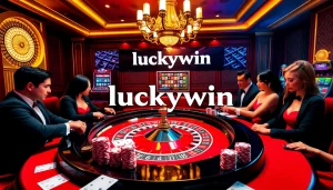 Engage in thrilling games at the LuckyWin casino, featuring a roulette table and vibrant slot machines.