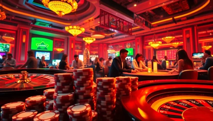 Casino excitement with players enjoying game ai innovations including poker chips and roulette.