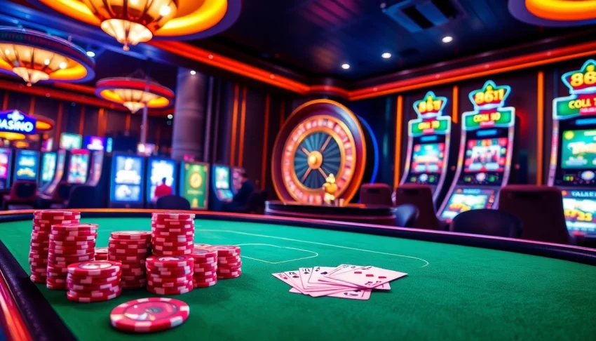 Experience the thrill of winning at 88i's luxurious casino tables with vibrant poker chips and cards.