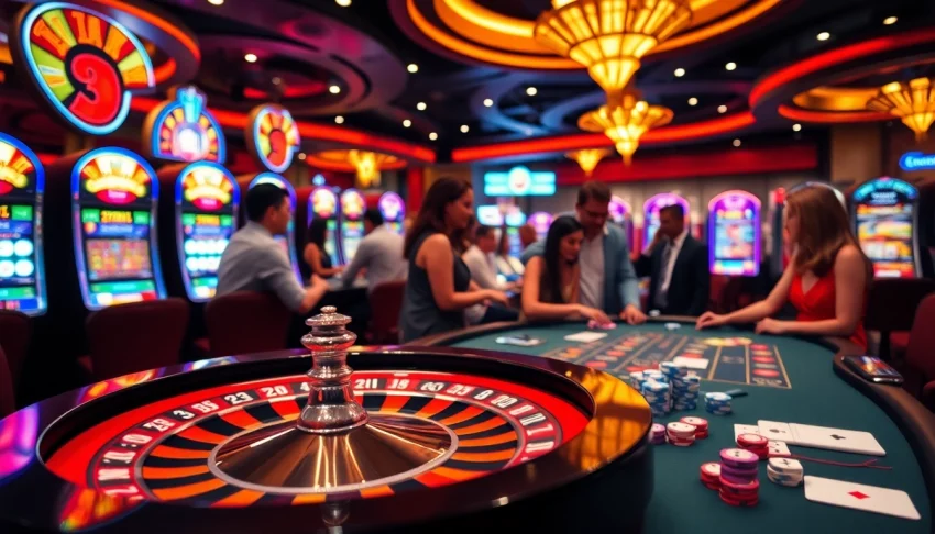 Players engaging in thrilling casino games with the 22jl app featured prominently in a vibrant scene.