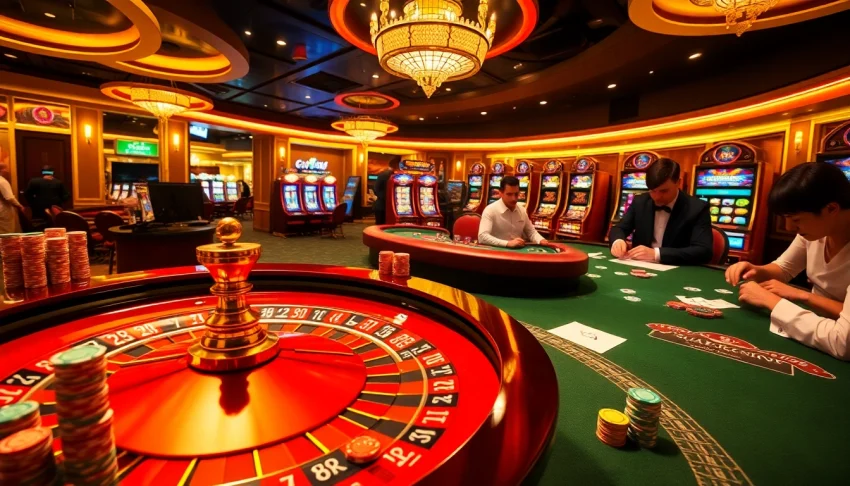 Exciting gameplay at https://king88sa.com/ featuring roulette, poker, and vibrant slot machines in a luxurious casino ambiance.
