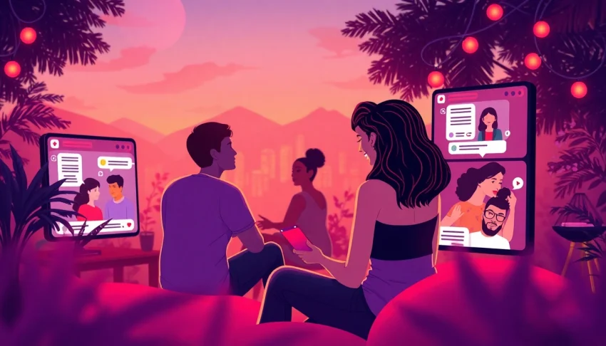 Dynamic illustration of diverse characters engaging in sexchat conversations, showcasing inclusivity and excitement.