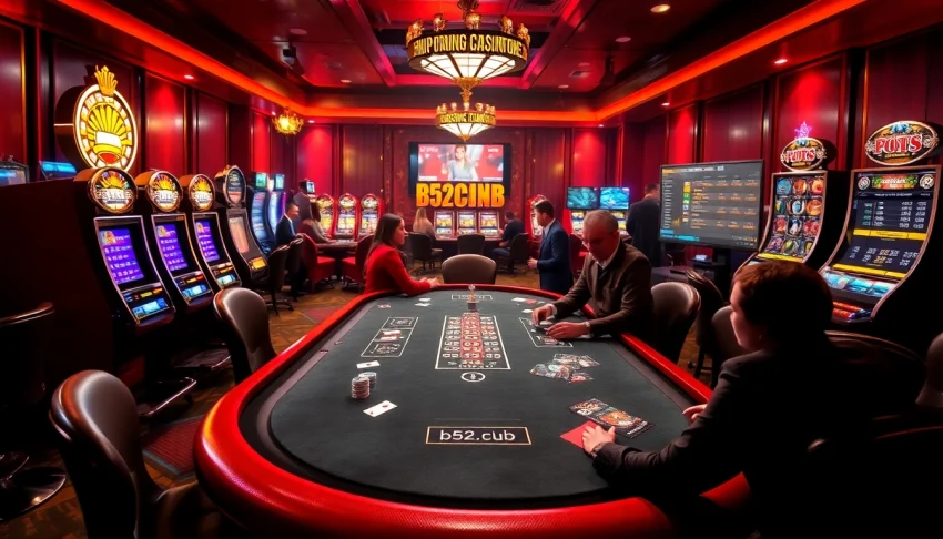 B52club poker players at a glamorous casino table with vibrant slot machines.