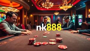 Engage in thrilling poker at nk88 with vibrant chips and a roulette backdrop.