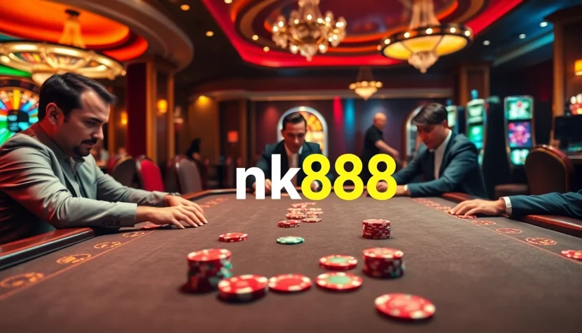 Engage in thrilling poker at nk88 with vibrant chips and a roulette backdrop.