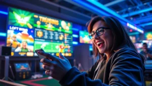 Engaged player exploring the 56WIN online gambling platform on a mobile device with vibrant graphics.