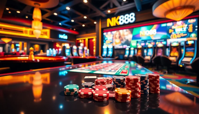 Experience thrilling casino action at NK88 with vibrant poker chips and roulette wheels.