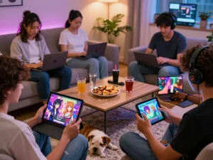 Engaging gamers play porngame on multiple devices in a cozy setting.