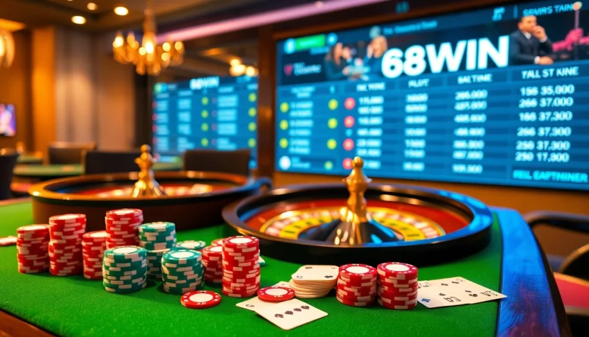 A high-stakes poker scene illustrating the excitement of 68WIN with vibrant chips and a roulette wheel.