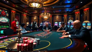 No hu themed lively casino scene with gamblers at a poker table enjoying the excitement of high-stakes gaming.