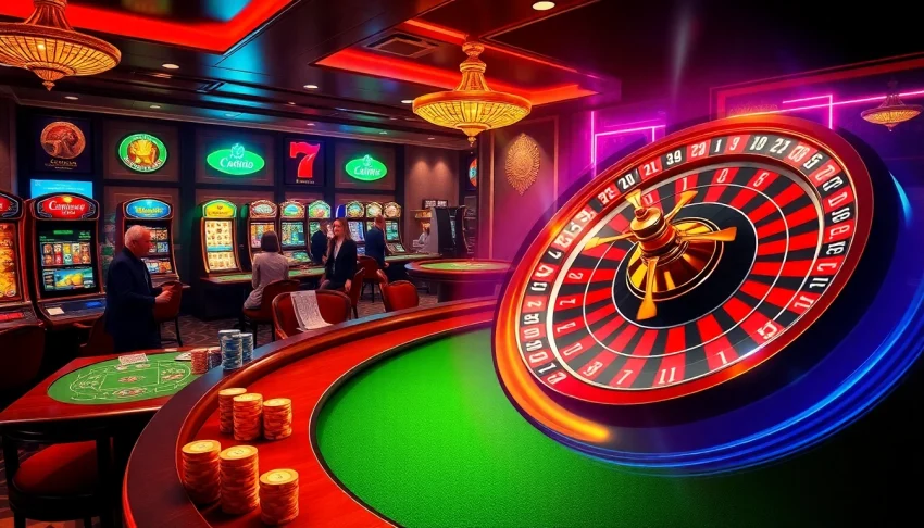 Captivating digital casino scene featuring poker chips and a roulette wheel, inspired by https://5mbcr.com/.